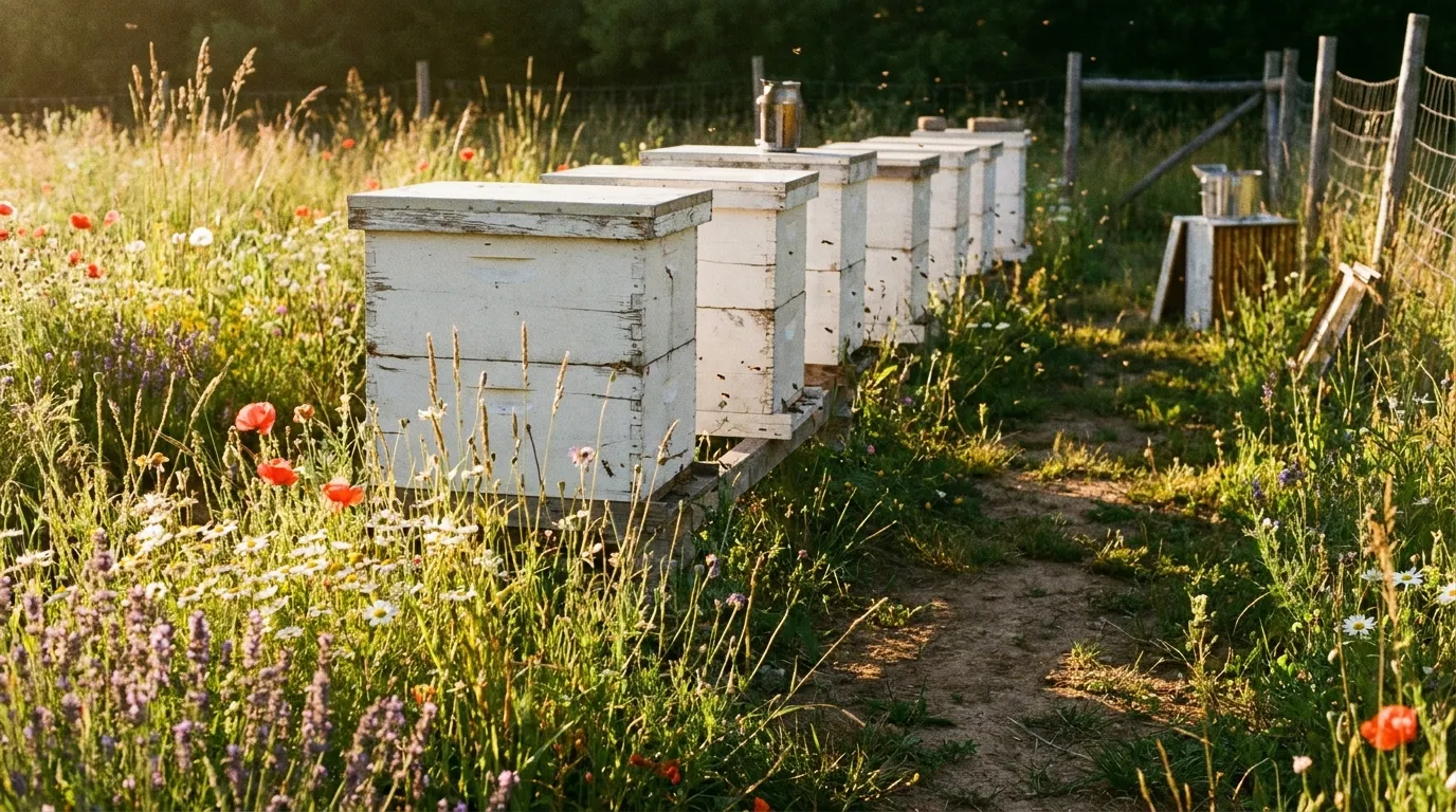Row of beehive boxes in a sunlit wildflower meadow