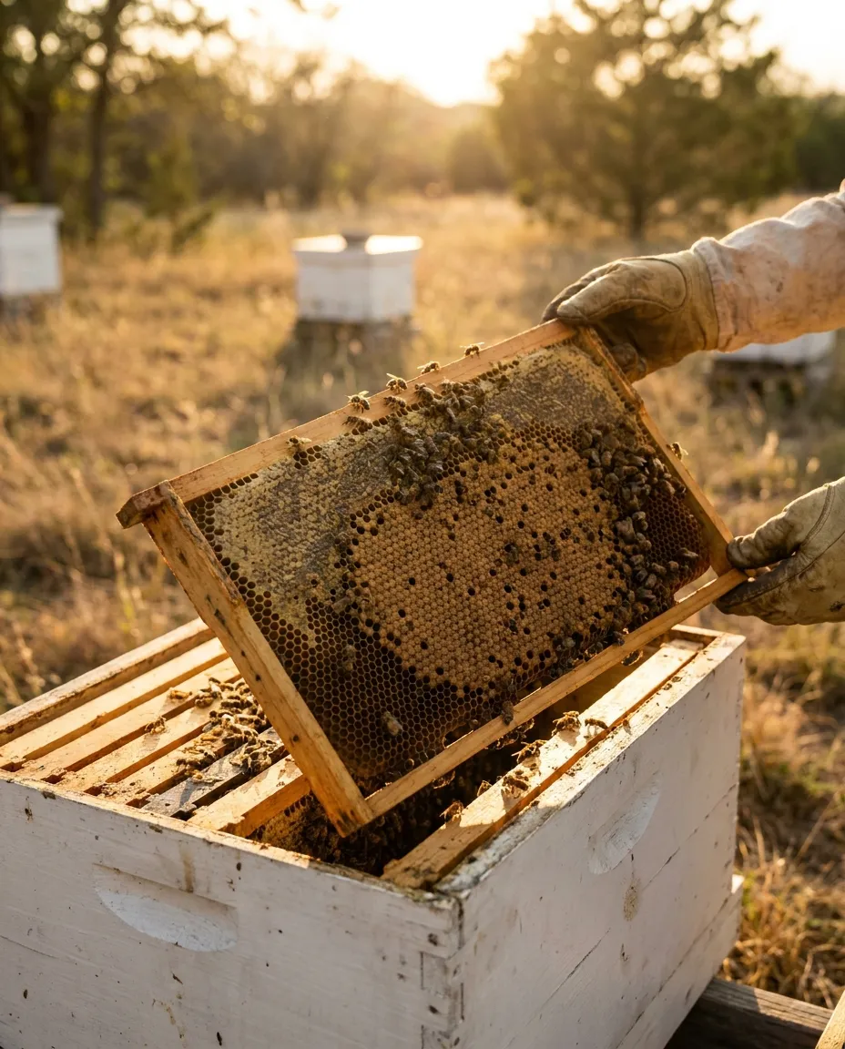 Beekeeper's hands lifting a frame heavy with capped honeycomb from a hive box