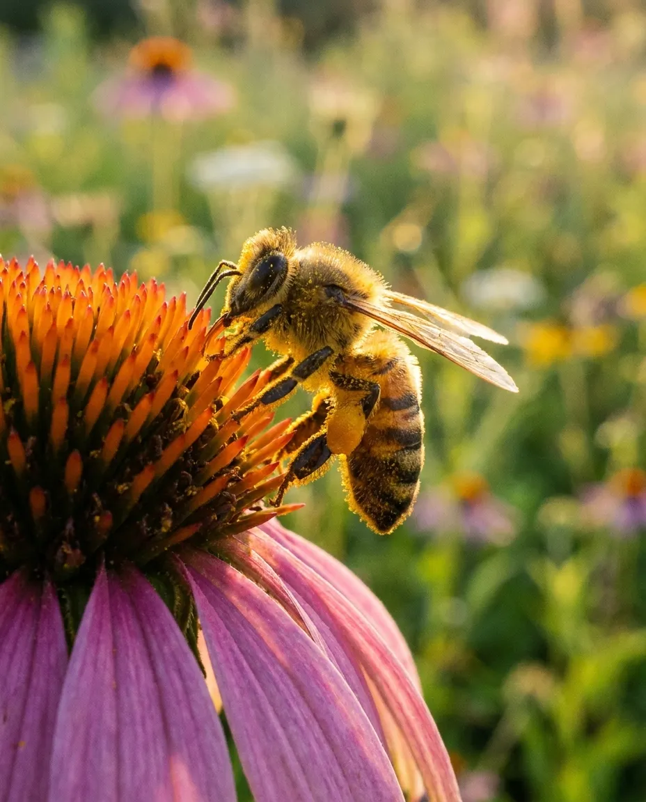 Honeybee foraging on a wildflower blossom