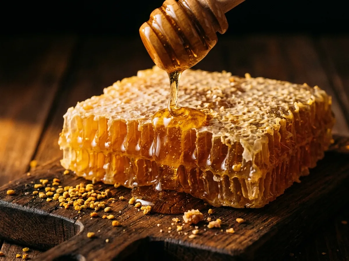Honey being drizzled over a chunk of honeycomb
