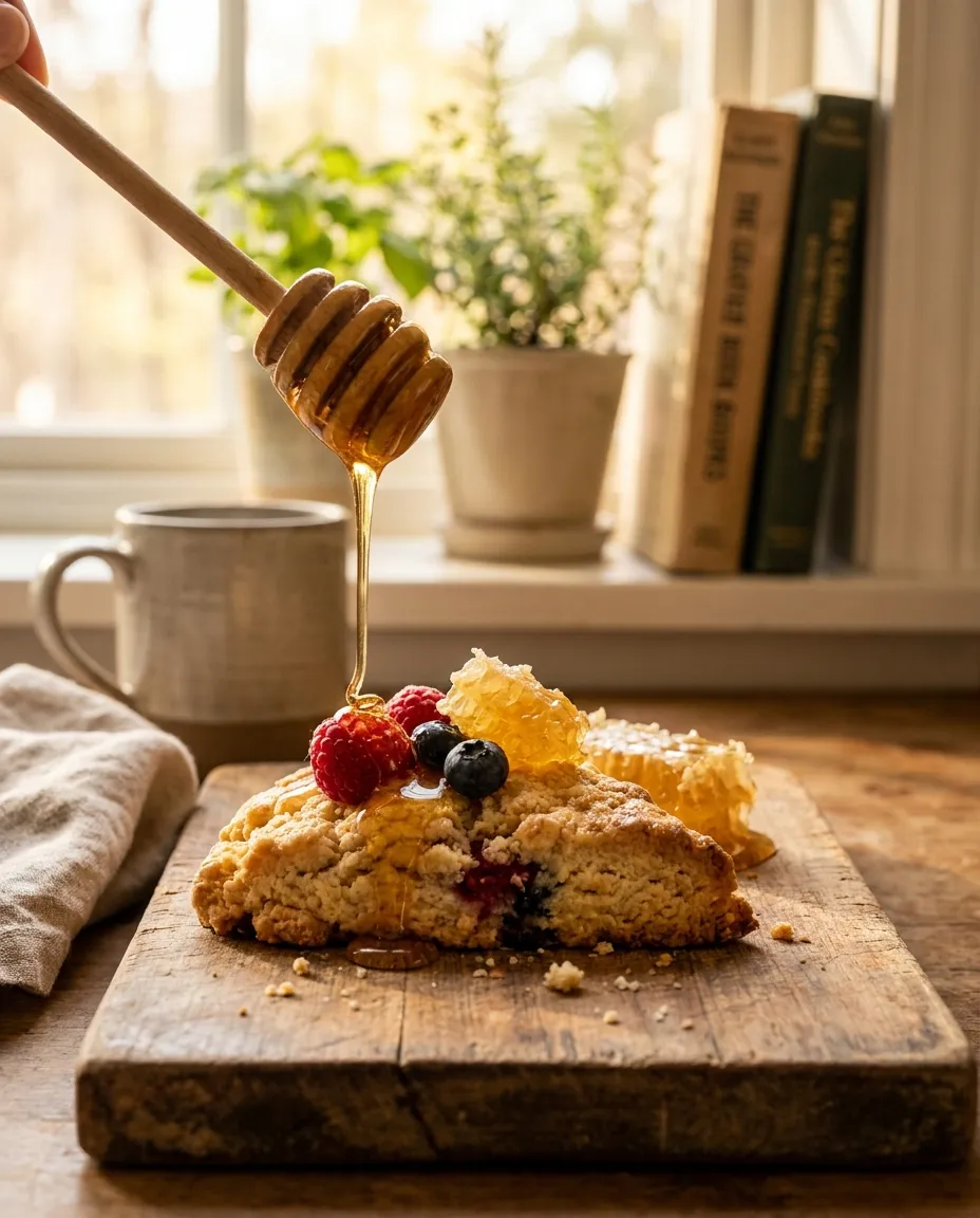 Honey being poured over a fresh scone with berries and honeycomb