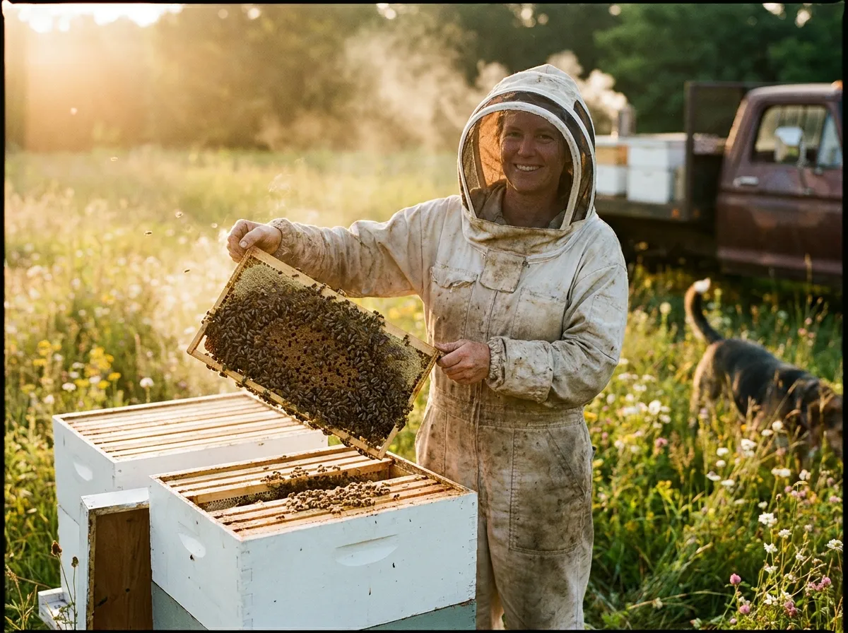 Beekeeper checking a frame beside open hive boxes in a sunlit meadow