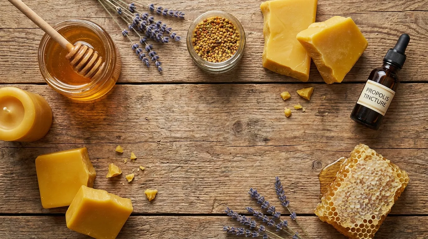 Flat lay of Apiary & Co. honey, pollen, beeswax, propolis, and honeycomb