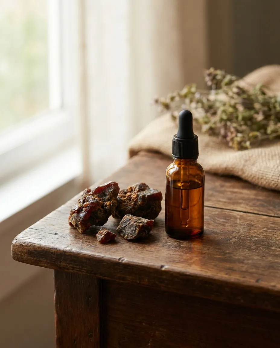 Bottle of Apiary & Co. propolis tincture beside raw propolis resin