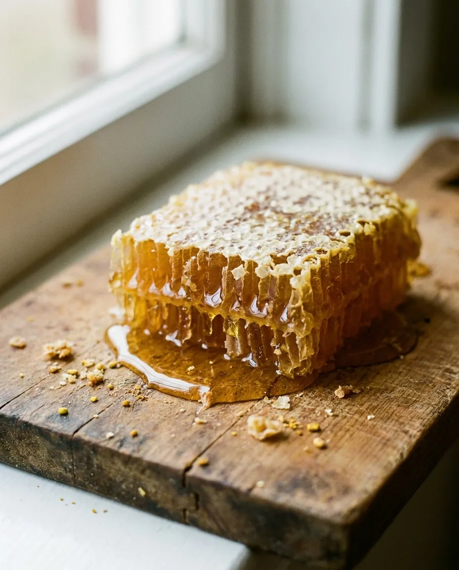 Chunk of Apiary & Co. raw honeycomb dripping honey on a wooden board