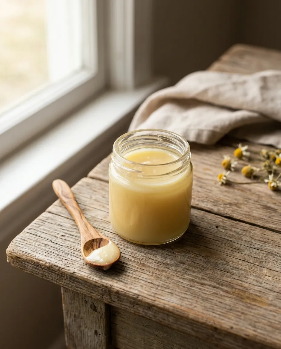 Jar of Apiary & Co. royal jelly with a wooden spoon